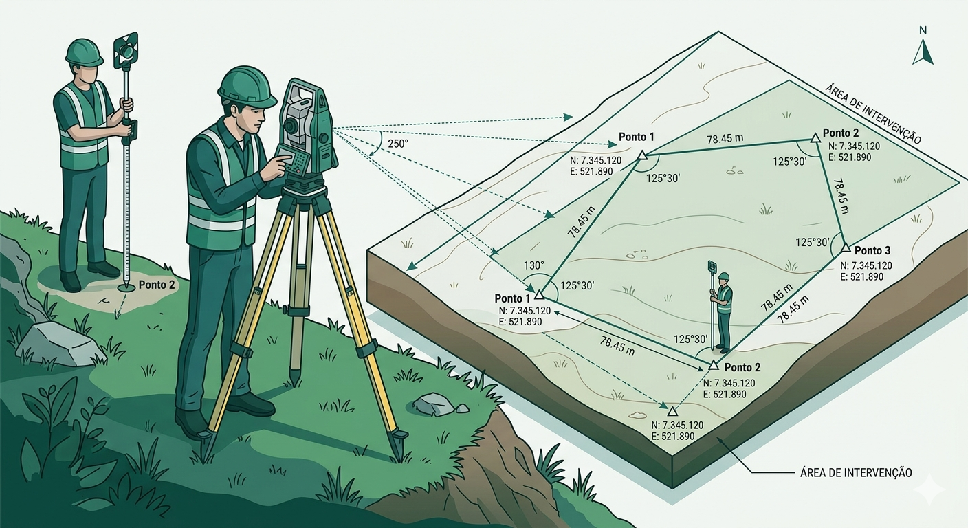 profissional realizando levantamento topográfico em terreno