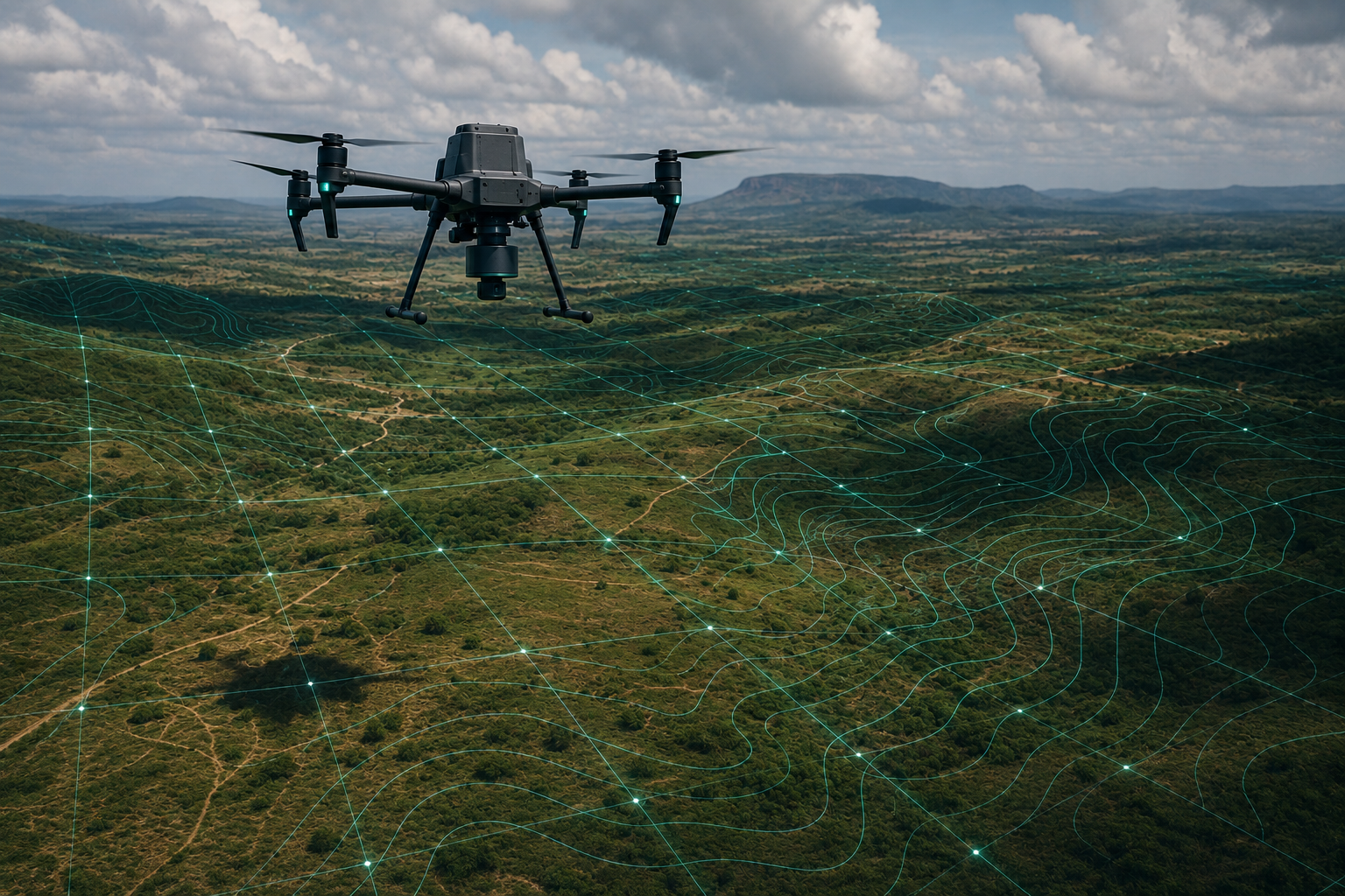 Drone de mapeamento em voo sobre terreno rural na Bahia