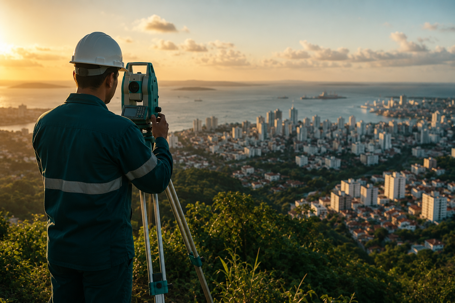 Topógrafo operando estação total com vista para Salvador e Baía de Todos os Santos