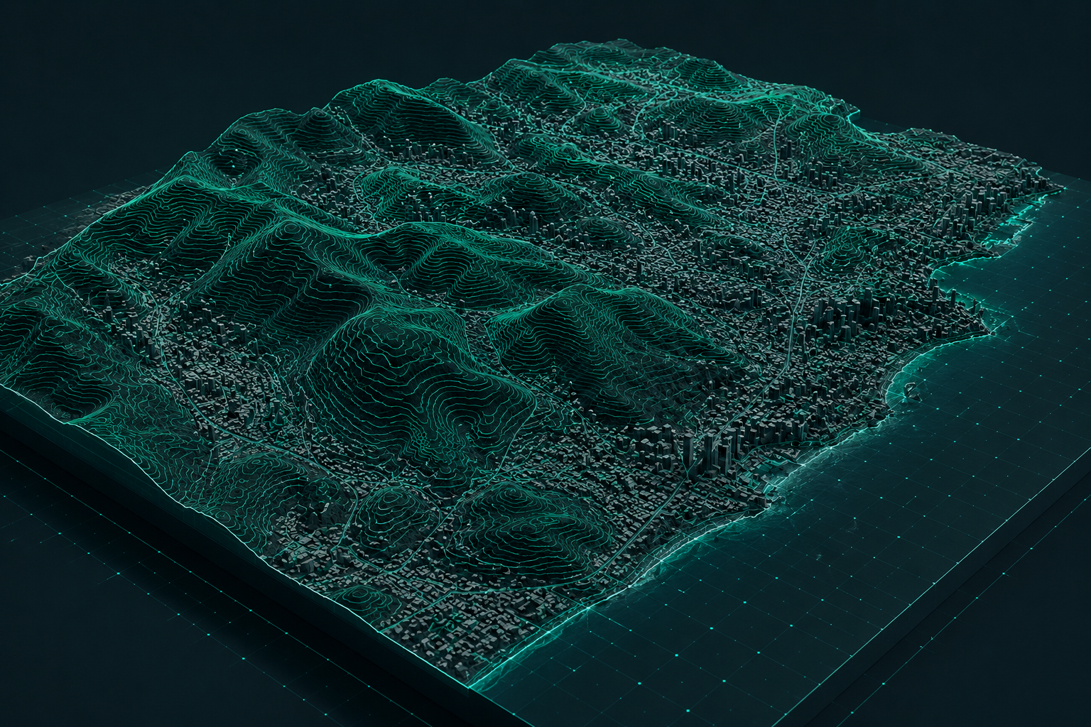 Modelo 3D de terreno com curvas de nível em área urbana de Salvador