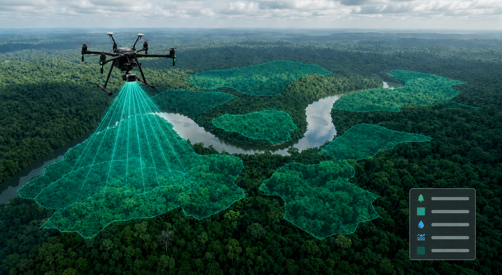 Drone de mapeamento sobrevoando área de Mata Atlântica na Bahia