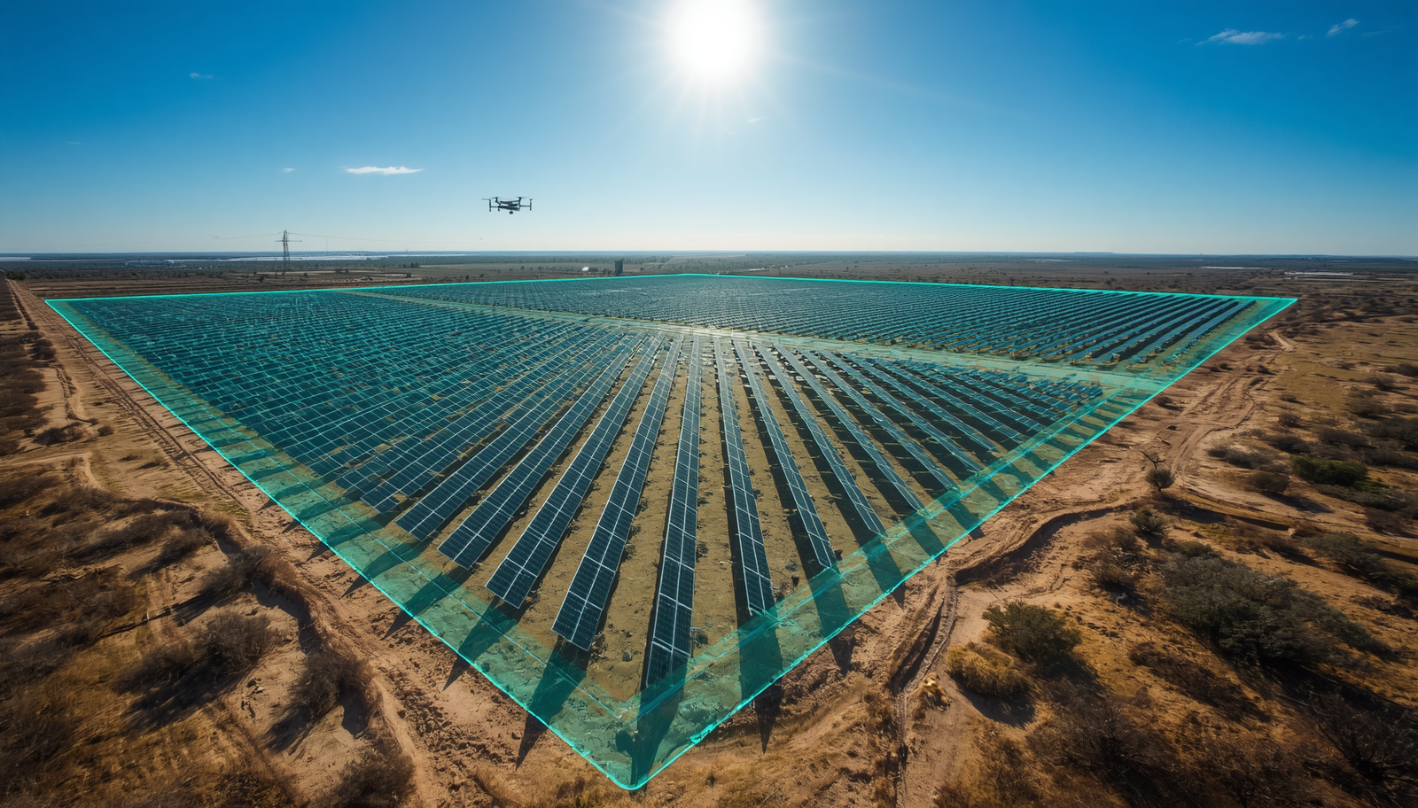 Vista aérea de usina solar em implantação no semiárido baiano
