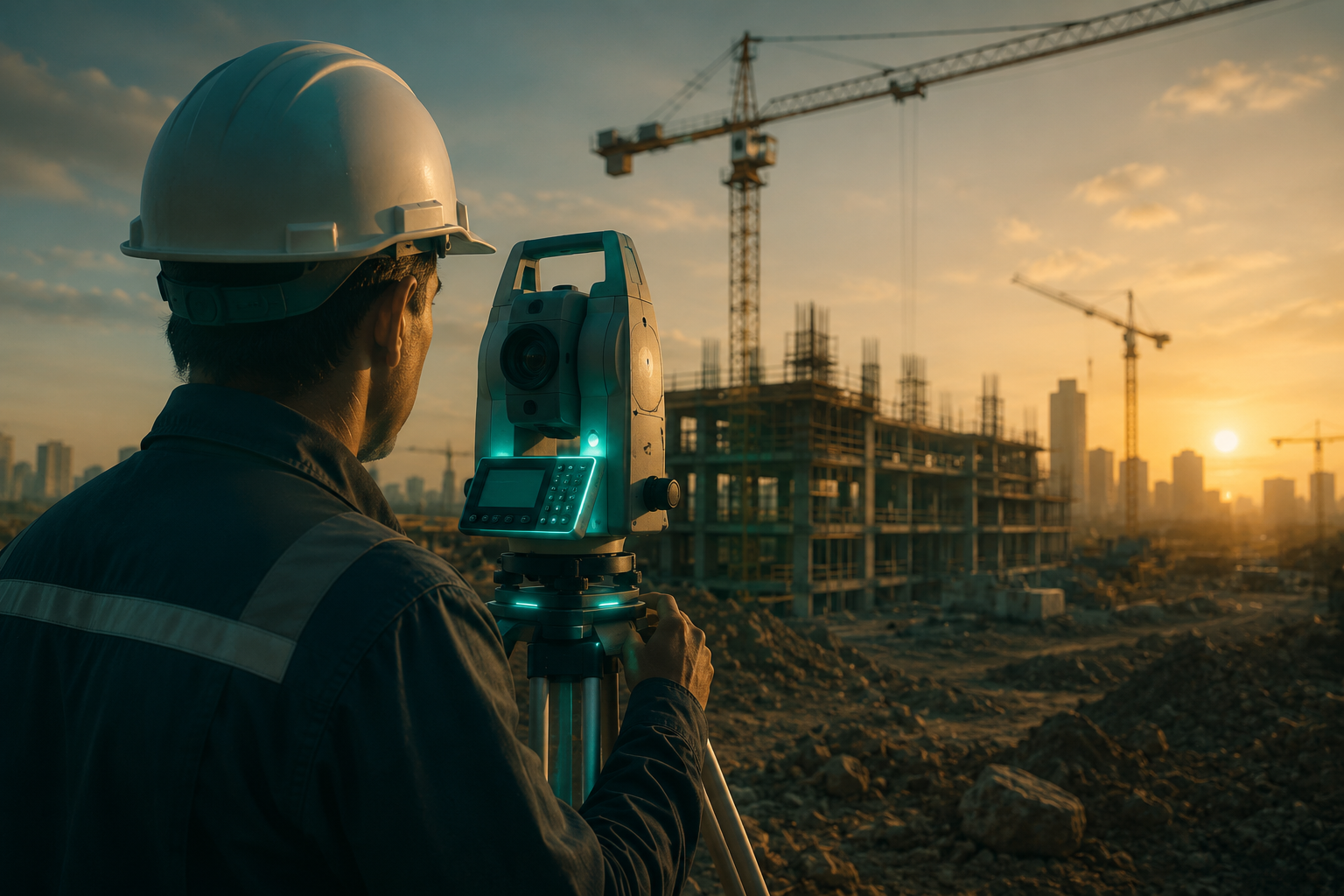 Topógrafo com estação total em canteiro de obras em Salvador