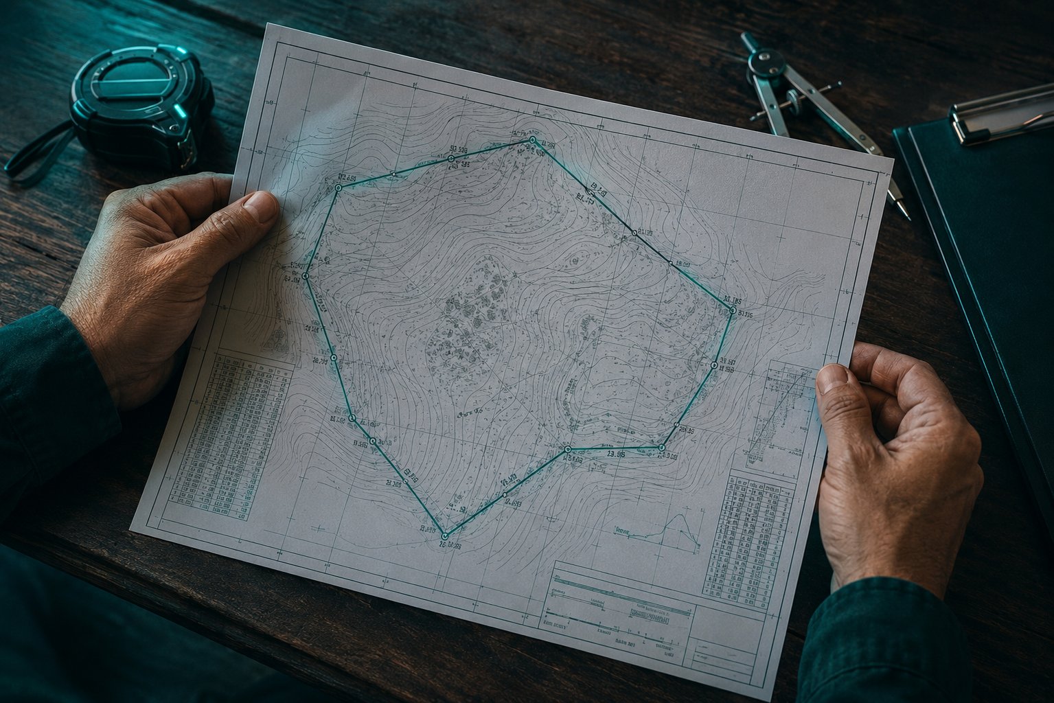 Mãos segurando planta topográfica com limites de propriedade