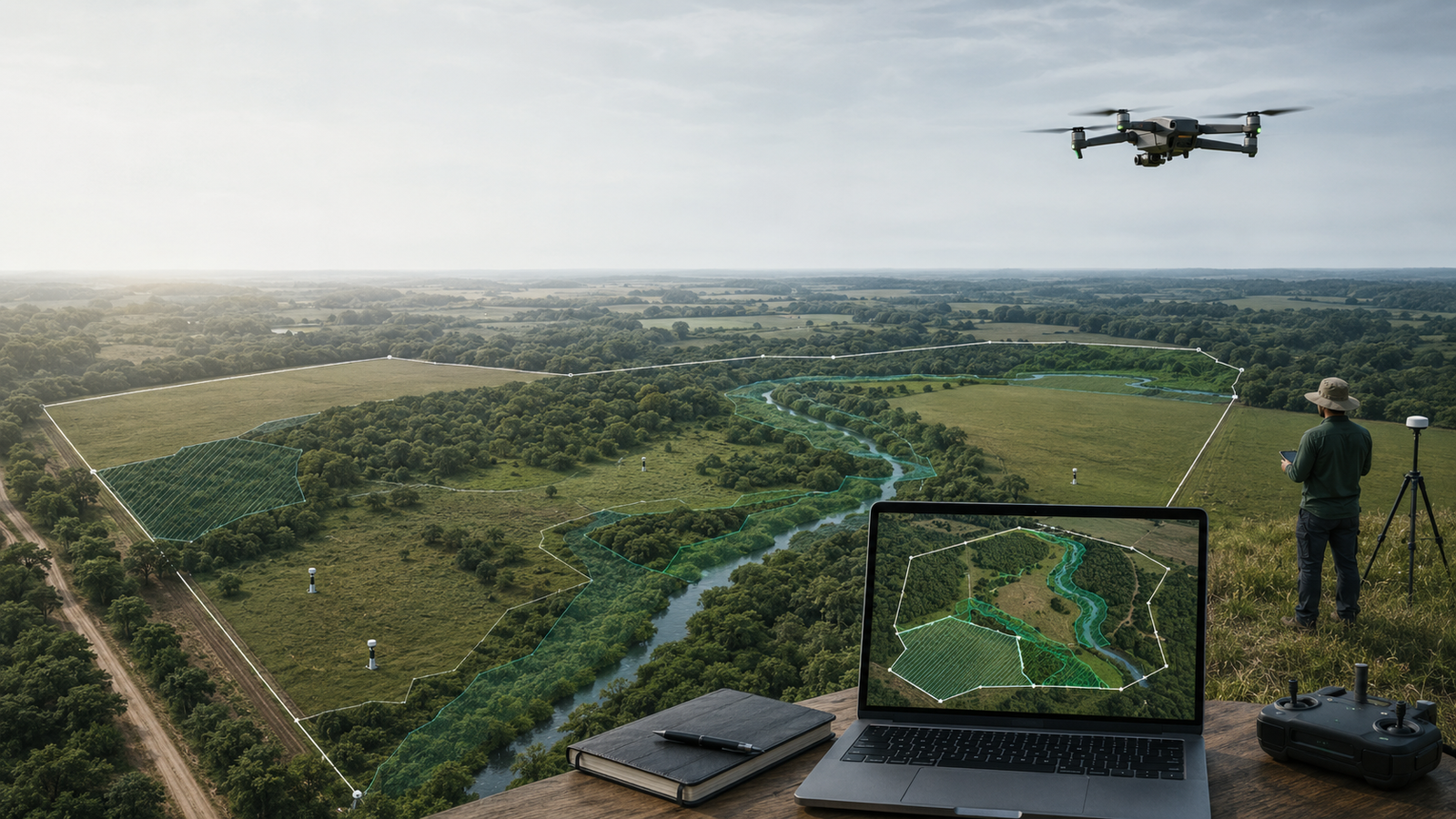 Drone monitorando APP e Reserva Legal em imóvel rural com mapa ambiental técnico