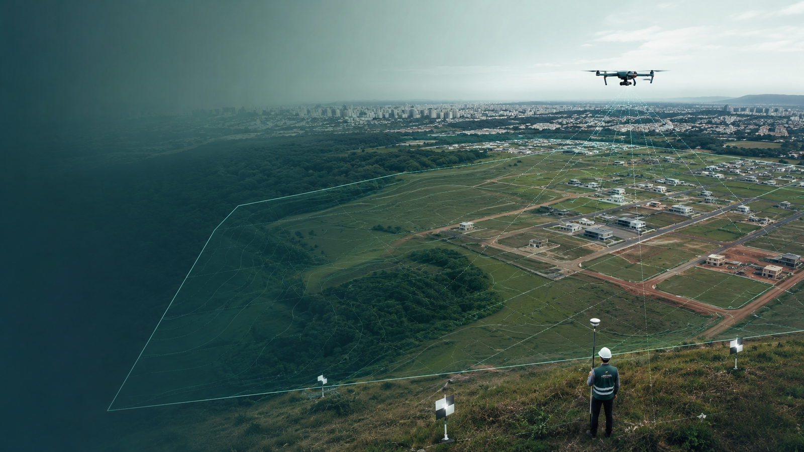 Drone em aerolevantamento técnico com pontos de controle e área mapeada para engenharia territorial