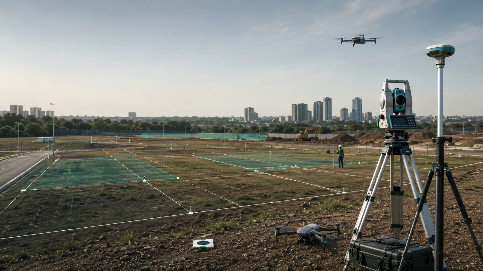 Equipamentos de topografia em campo com GNSS, estação total e drone para levantamento técnico