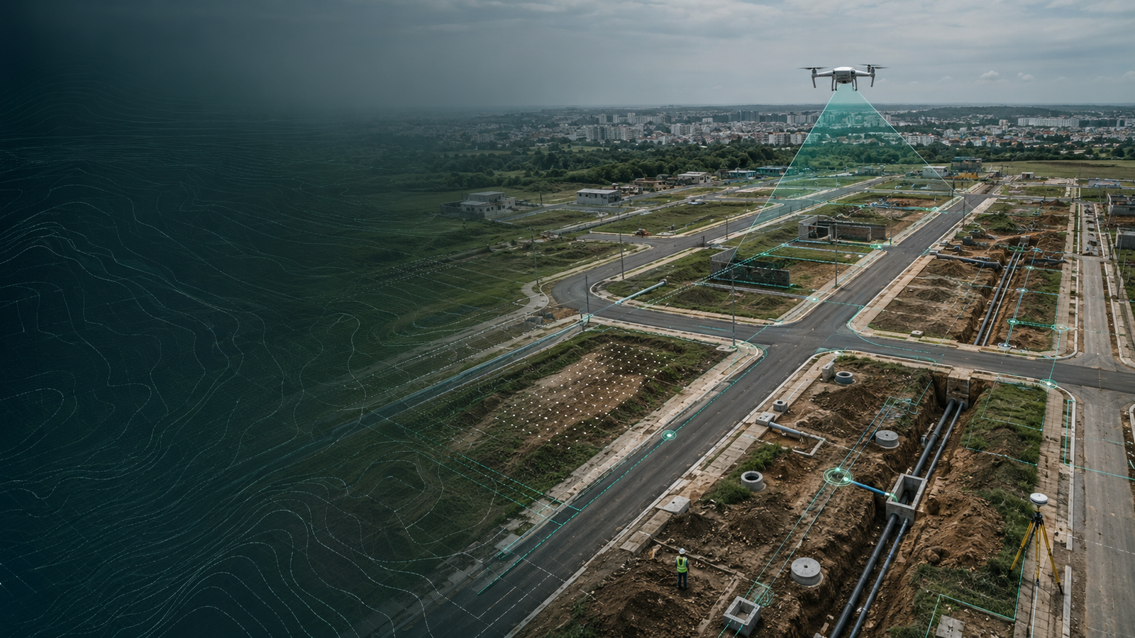 Mapeamento de rede de saneamento com drone e apoio topográfico em área urbana