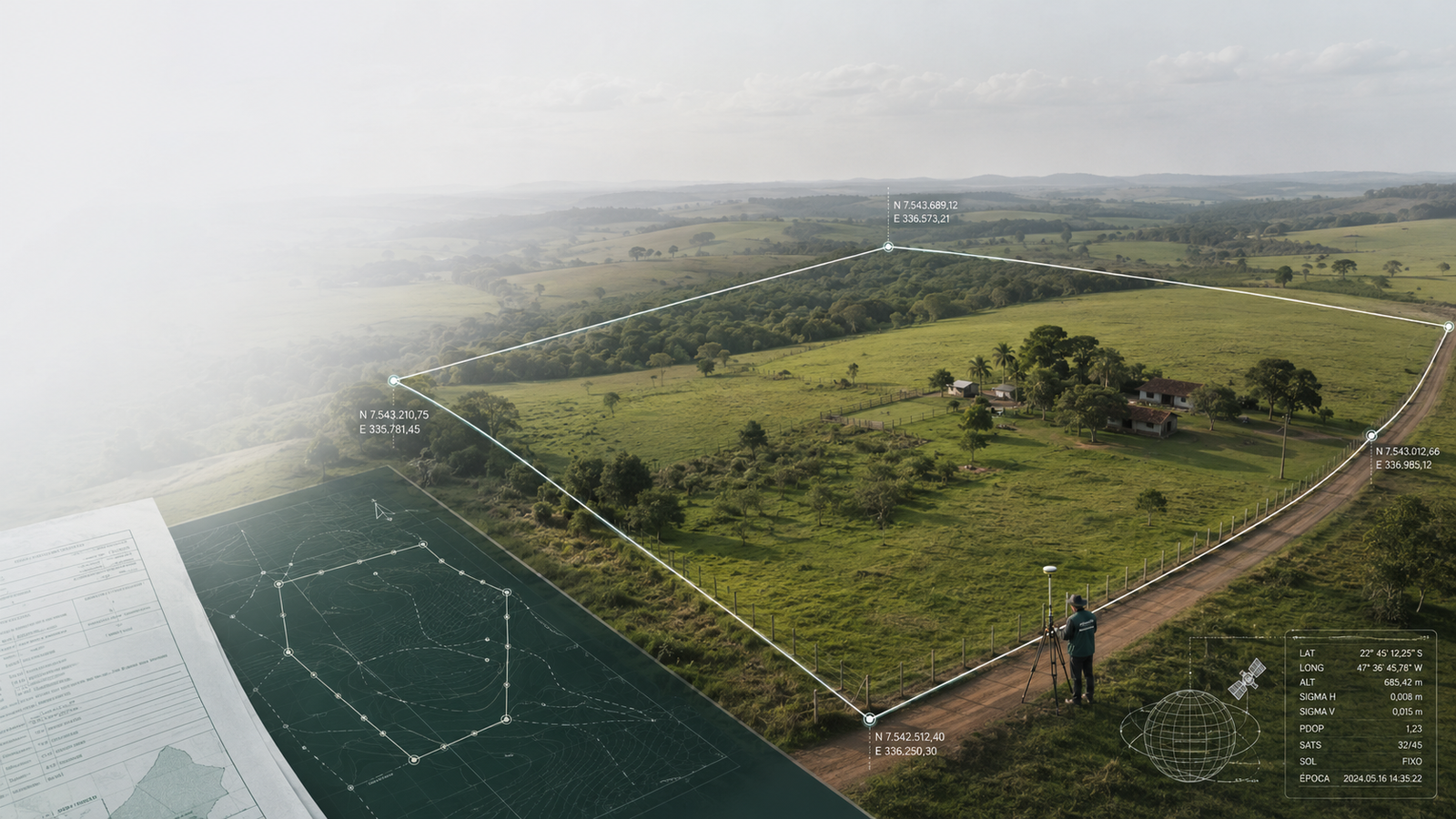 Propriedade rural com divisas georreferenciadas, pontos de controle e elementos técnicos de georreferenciamento para regularização de imóvel rural.