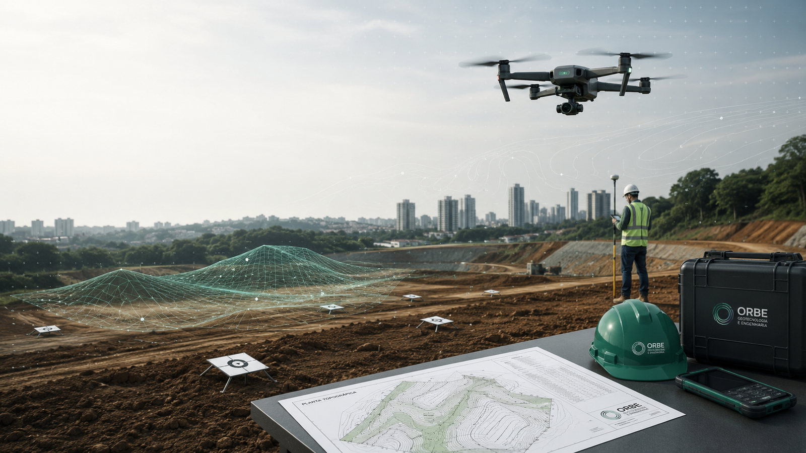 Drone RTK realizando levantamento topográfico para projeto de engenharia territorial